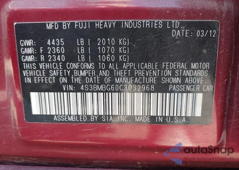 2012 Subaru Legacy 2.5I Premium из США, поврежденный, VIN 4S3BMBG60C3032968